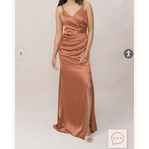 REVELRY Copper Satin Ruched V Neck Spaghetti Strap High Slit Maxi Dress Size 10